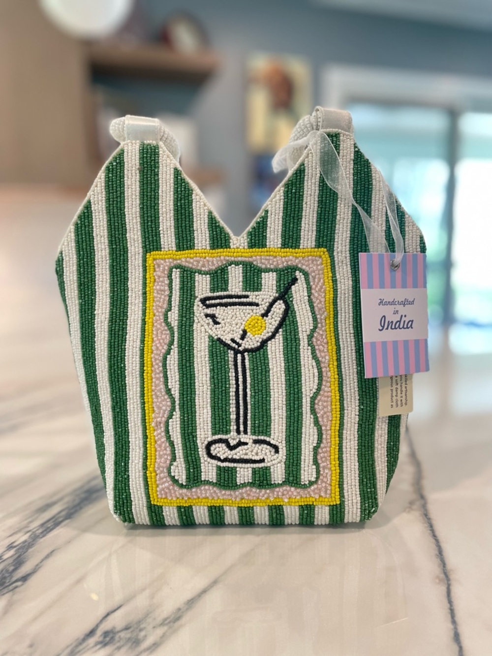 Handcrafted in India Green & White Striped Mini Bag with Cocktail Bead Motif